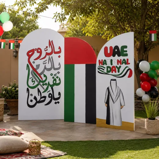 UAE Flag, Arabic Calligraphy and Emirati Heritage Arched Backdrop Set