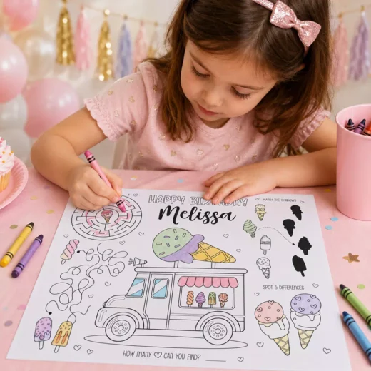 Personalised Ice Cream Birthday Activity Placemat – Printable Kids Party Activity UAE