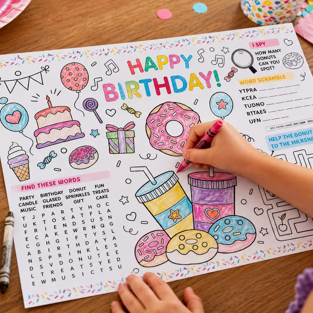 Donut Maze Birthday Activity Placemat – Printable Kids Party Activity UAE