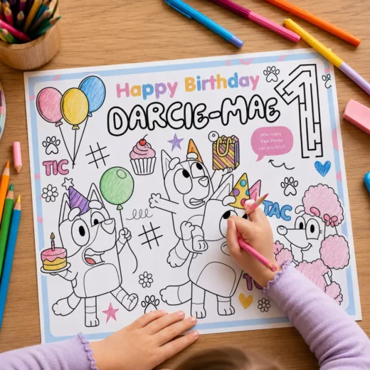 Personalised Character Birthday Coloring Placemat – Printable Kids Party Activity UAE