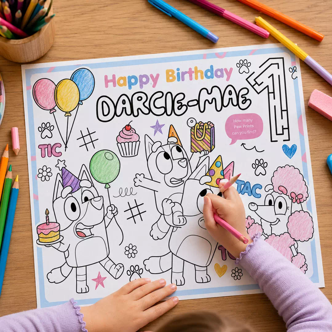 Personalised Character Birthday Coloring Placemat – Printable Kids Party Activity UAE