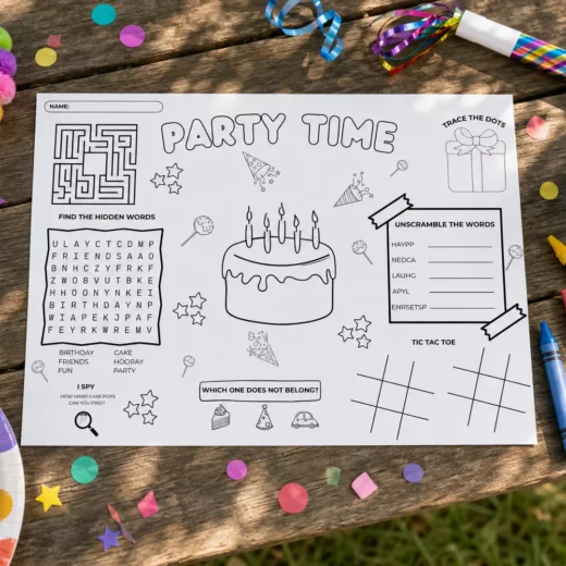 Party Time Word Search Placemat – Printable Kids Party Activity UAE