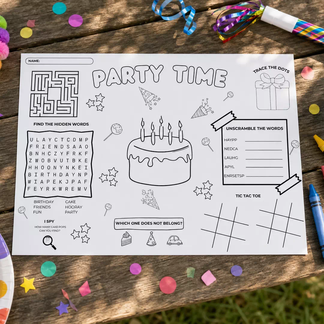 Party Time Word Search Placemat – Printable Kids Party Activity UAE