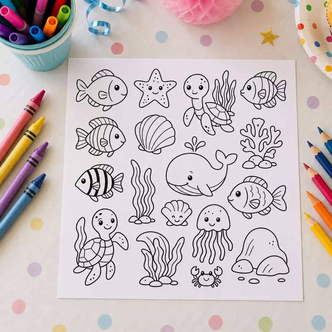 Ocean Creatures Coloring Sheet – Printable Kids Party Activity UAE - Image 3