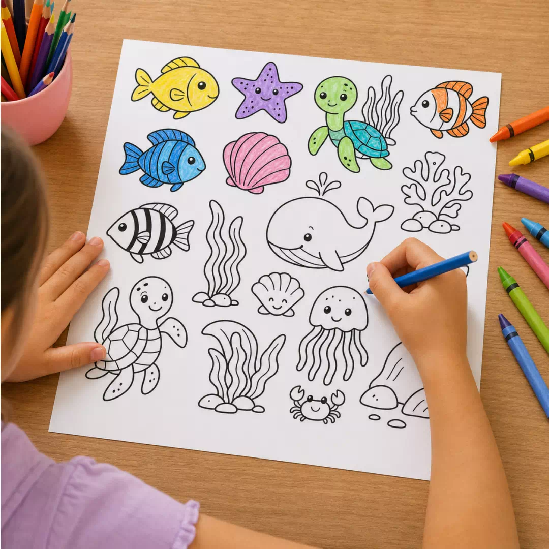 Ocean Creatures Coloring Sheet – Printable Kids Party Activity UAE