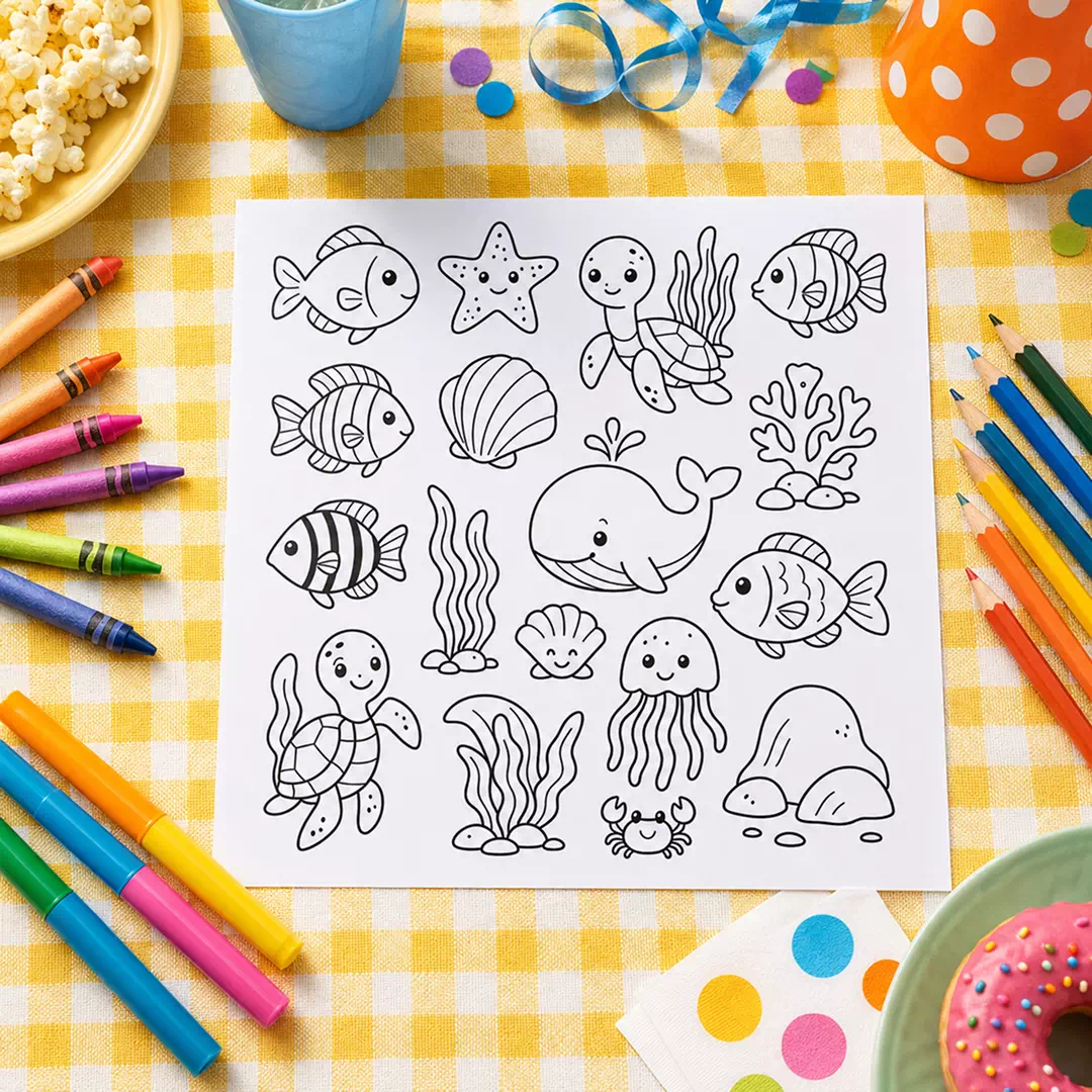 Ocean Creatures Coloring Sheet – Printable Kids Party Activity UAE - Image 4