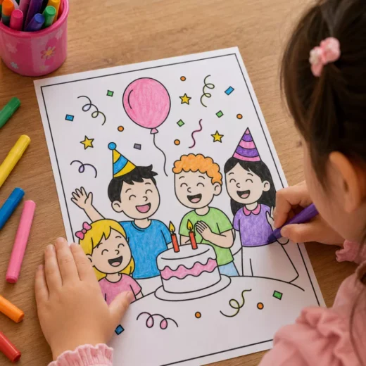 Birthday Party Scene Coloring Sheet – Printable Kids Party Activity UAE