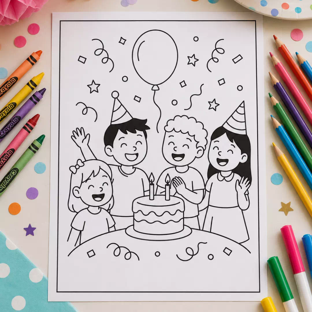 Birthday Party Scene Coloring Sheet – Printable Kids Party Activity UAE - Image 3