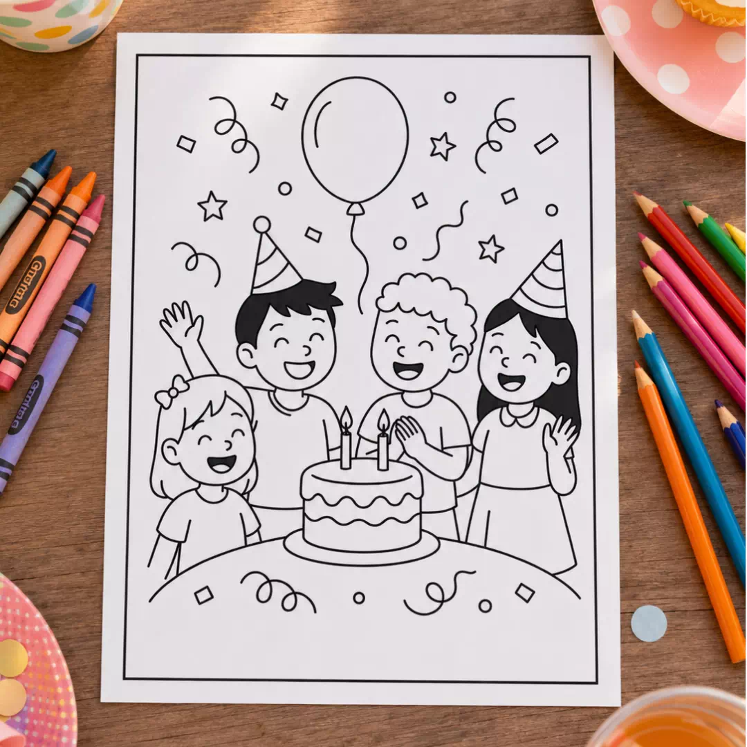 Birthday Party Scene Coloring Sheet – Printable Kids Party Activity UAE - Image 4