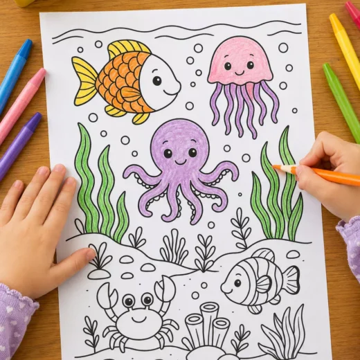 Fish & Jellyfish Coloring Sheet – Printable Kids Party Activity UAE