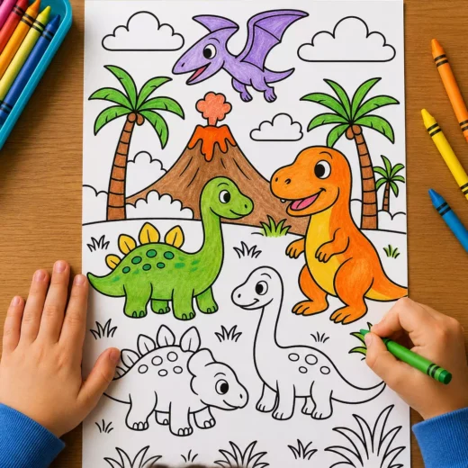 Dinosaur Jungle Coloring Sheet – Printable Kids Party Activity UAE