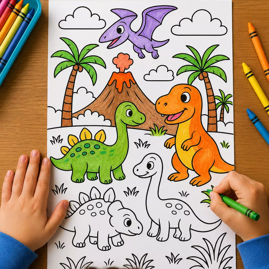 Dinosaur Jungle Coloring Sheet – Printable Kids Party Activity UAE