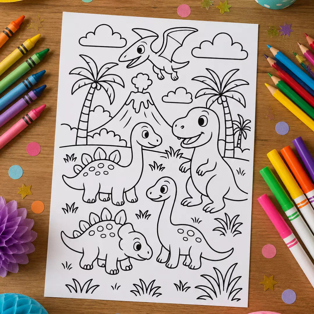 Dinosaur Jungle Coloring Sheet – Printable Kids Party Activity UAE - Image 3