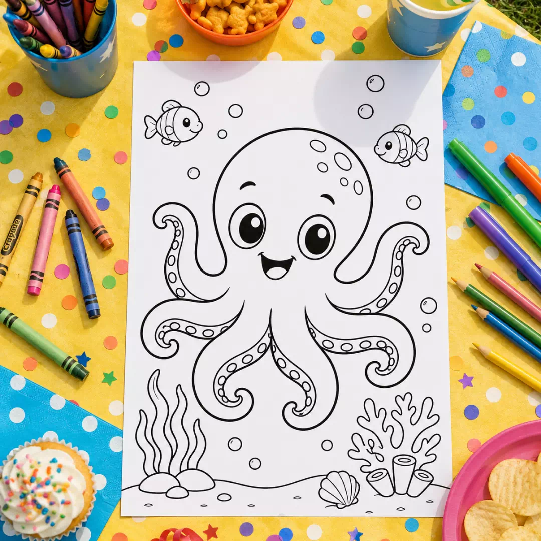 Cute Octopus Coloring Sheet – Printable Kids Party Activity UAE - Image 3