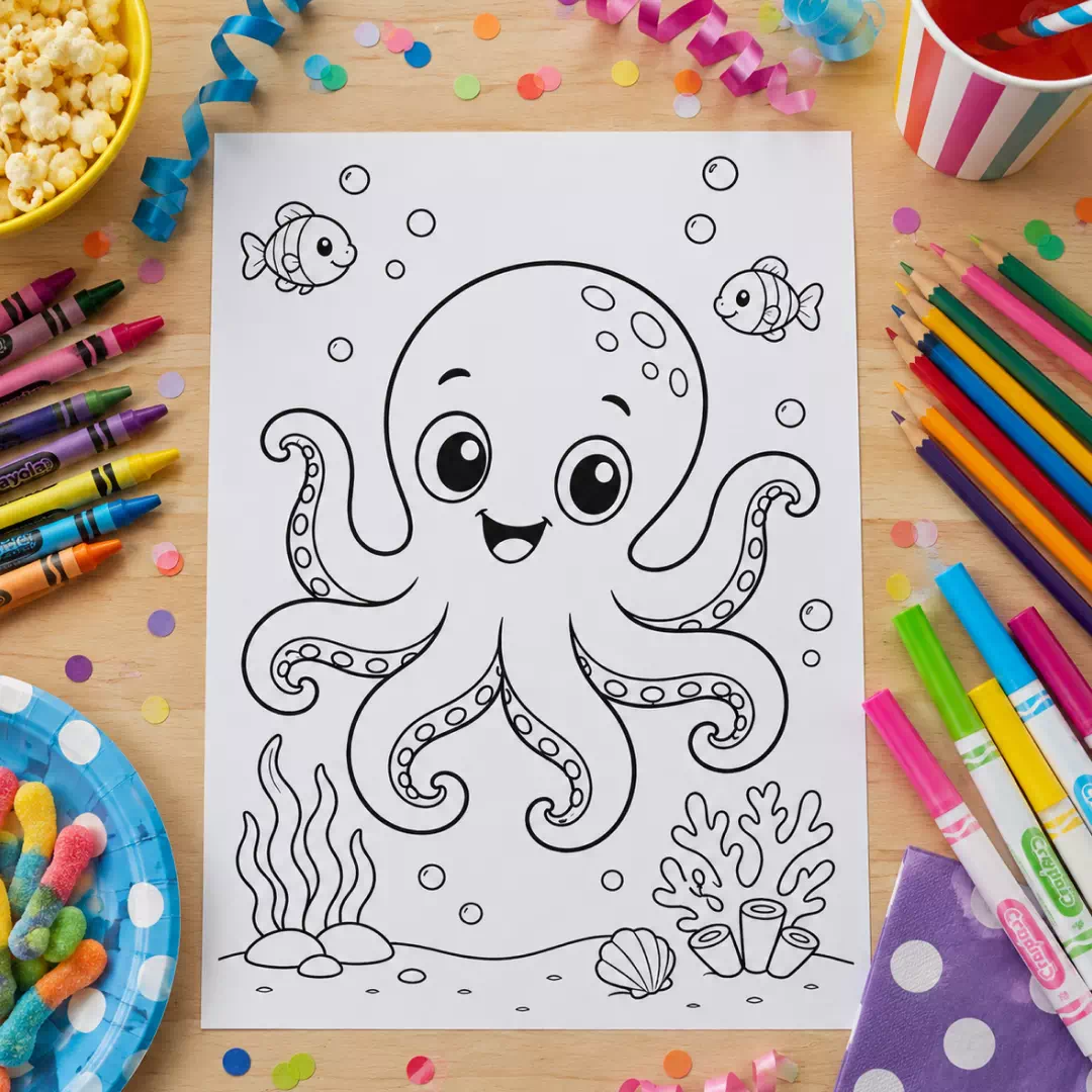 Cute Octopus Coloring Sheet – Printable Kids Party Activity UAE - Image 4