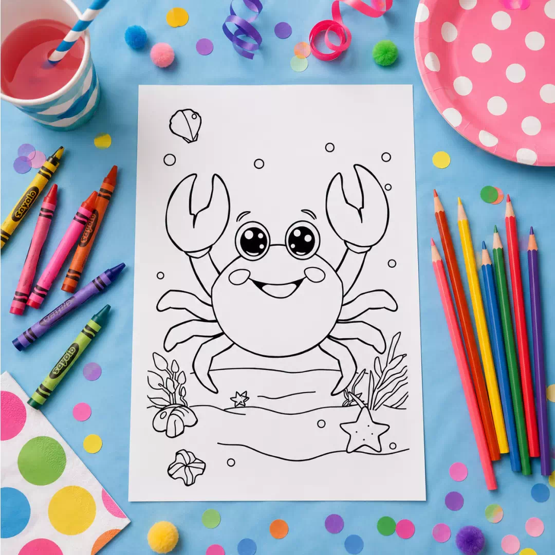Sparkly Crab Coloring Sheet – Printable Kids Party Activity UAE - Image 3