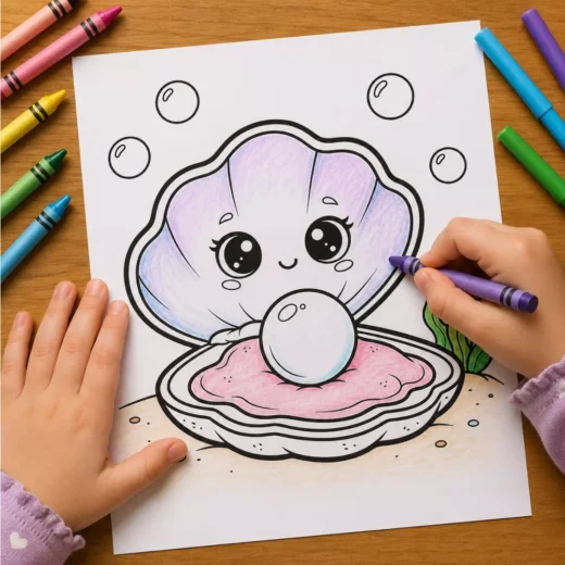 Cute Clam & Pearl Coloring Sheet – Printable Kids Party Activity UAE