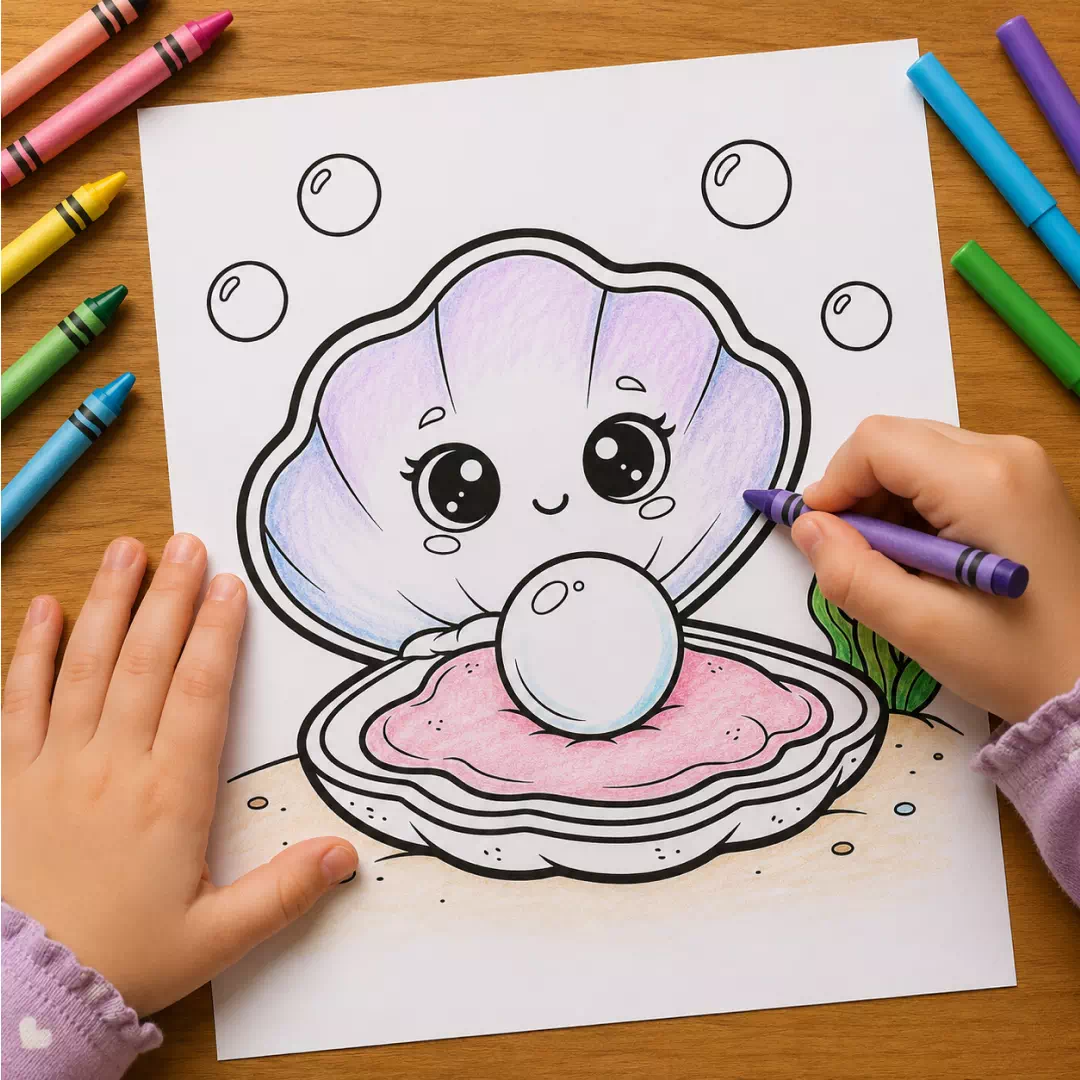 Cute Clam & Pearl Coloring Sheet – Printable Kids Party Activity UAE