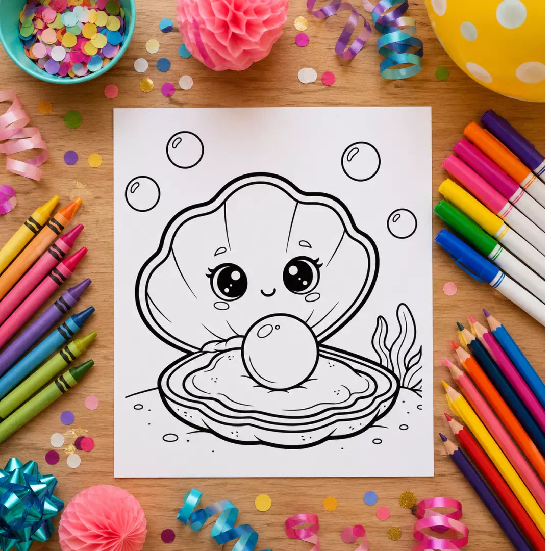 Cute Clam & Pearl Coloring Sheet – Printable Kids Party Activity UAE - Image 3