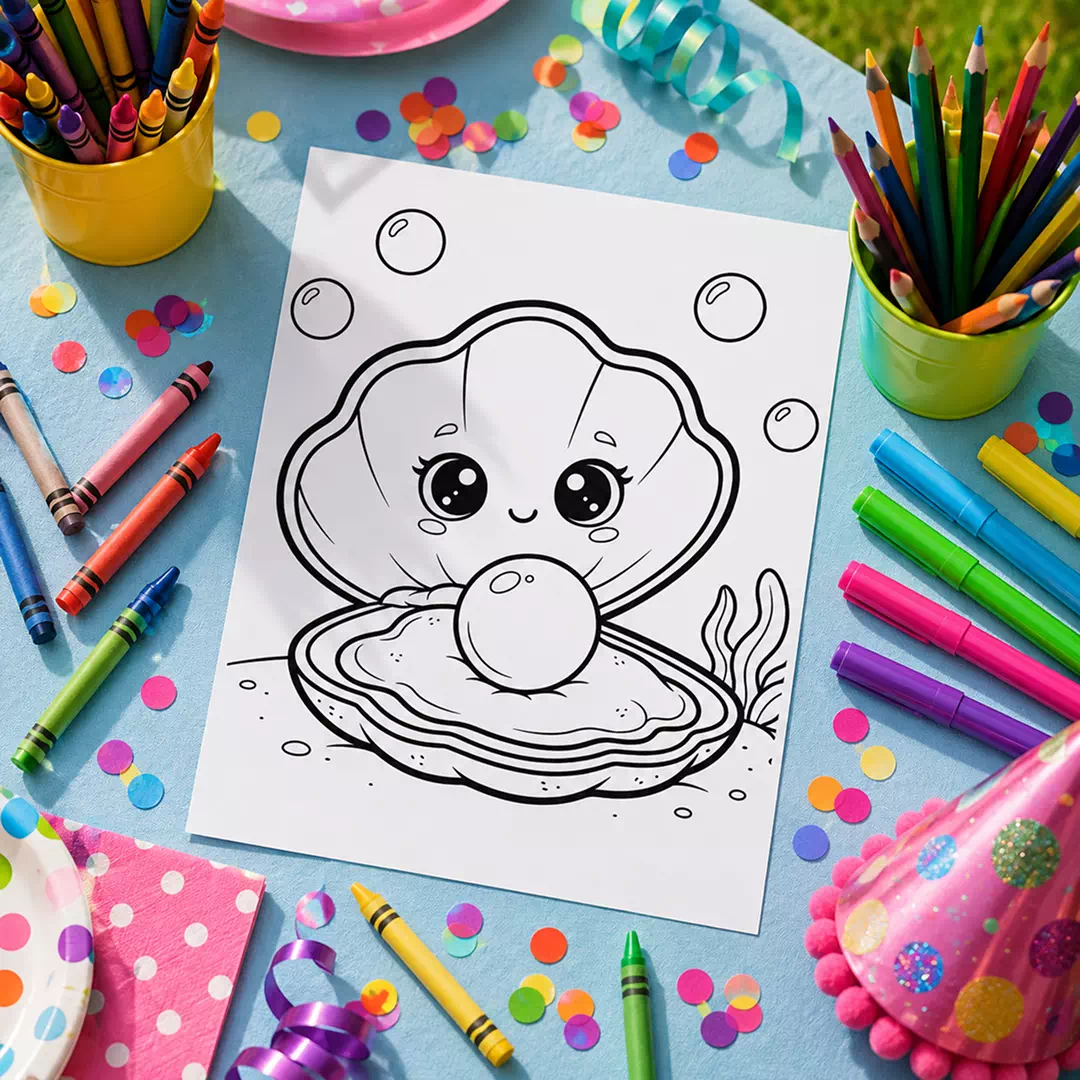 Cute Clam & Pearl Coloring Sheet – Printable Kids Party Activity UAE - Image 4