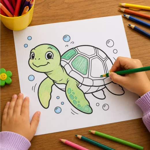 Cute Turtle Coloring Sheet – Printable Kids Party Activity UAE