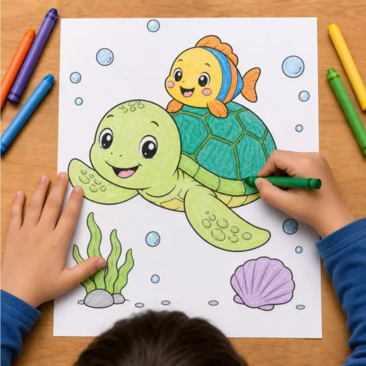 Turtle & Clownfish Coloring Sheet – Printable Kids Party Activity UAE