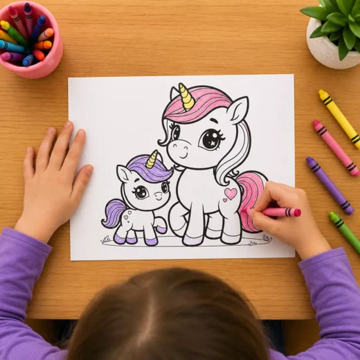 Unicorn & Baby Unicorn Coloring Sheet – Printable Kids Party Activity UAE
