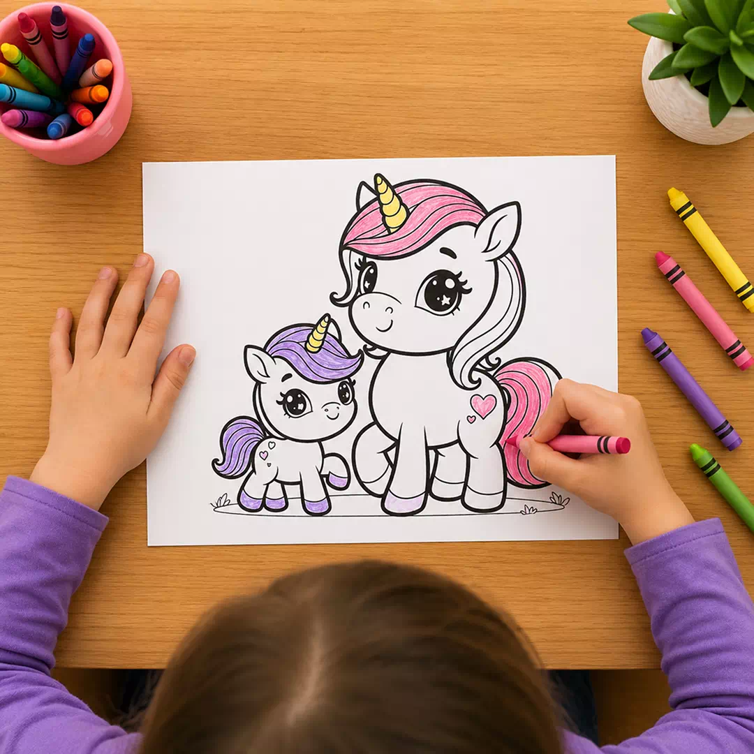 Unicorn & Baby Unicorn Coloring Sheet – Printable Kids Party Activity UAE