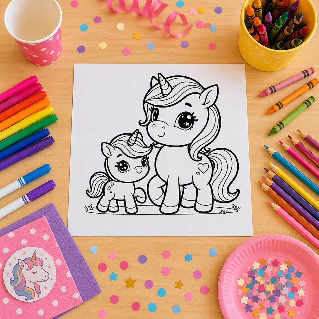 Unicorn & Baby Unicorn Coloring Sheet – Printable Kids Party Activity UAE - Image 4