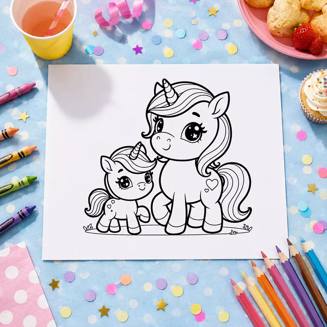 Unicorn & Baby Unicorn Coloring Sheet – Printable Kids Party Activity UAE - Image 3