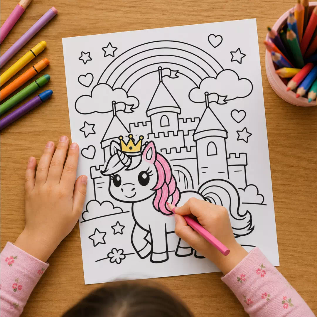 Unicorn Castle Rainbow Coloring Sheet – Printable Kids Party Activity UAE - Image 2
