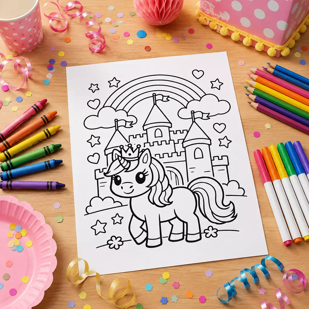 Unicorn Castle Rainbow Coloring Sheet – Printable Kids Party Activity UAE - Image 3