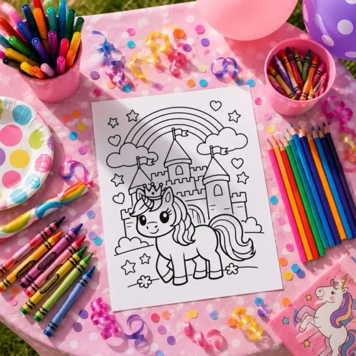 Unicorn Castle Rainbow Coloring Sheet – Printable Kids Party Activity UAE