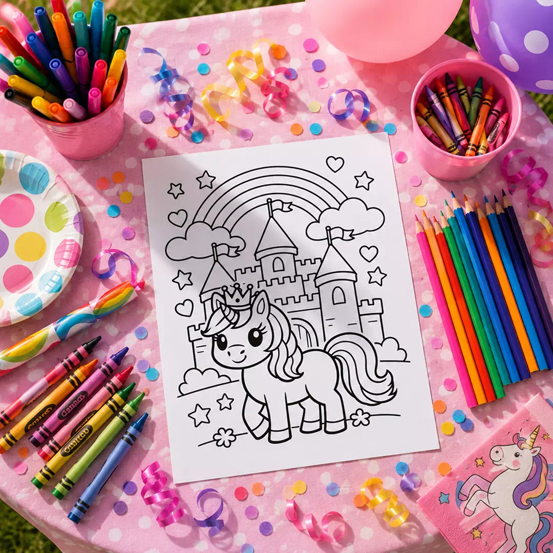 Unicorn Castle Rainbow Coloring Sheet – Printable Kids Party Activity UAE