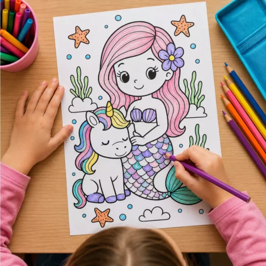 Mermaid & Unicorn Coloring Sheet – Printable Kids Party Activity UAE
