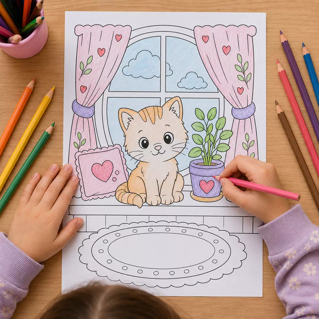 Cat by the Window Coloring Sheet – Printable Kids Party Activity UAE