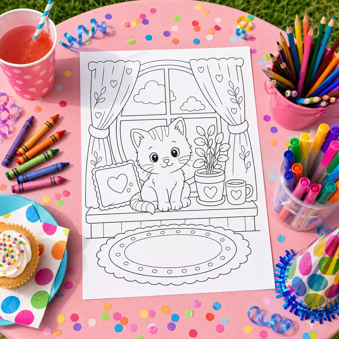 Cat by the Window Coloring Sheet – Printable Kids Party Activity UAE - Image 3