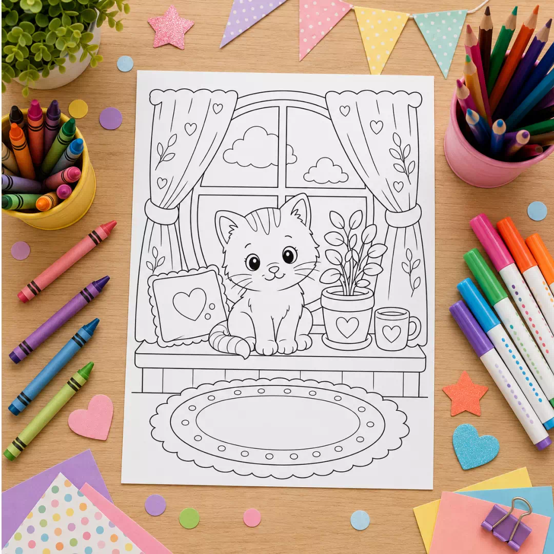 Cat by the Window Coloring Sheet – Printable Kids Party Activity UAE - Image 4