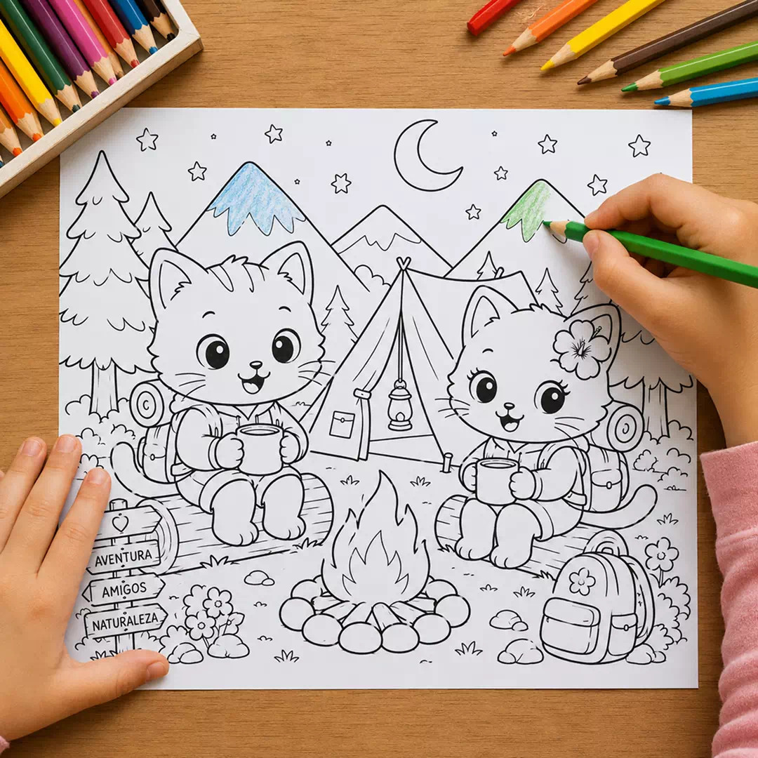 Camping Cats Coloring Sheet – Printable Kids Party Activity UAE - Image 2