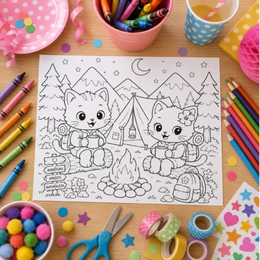 Camping Cats Coloring Sheet – Printable Kids Party Activity UAE