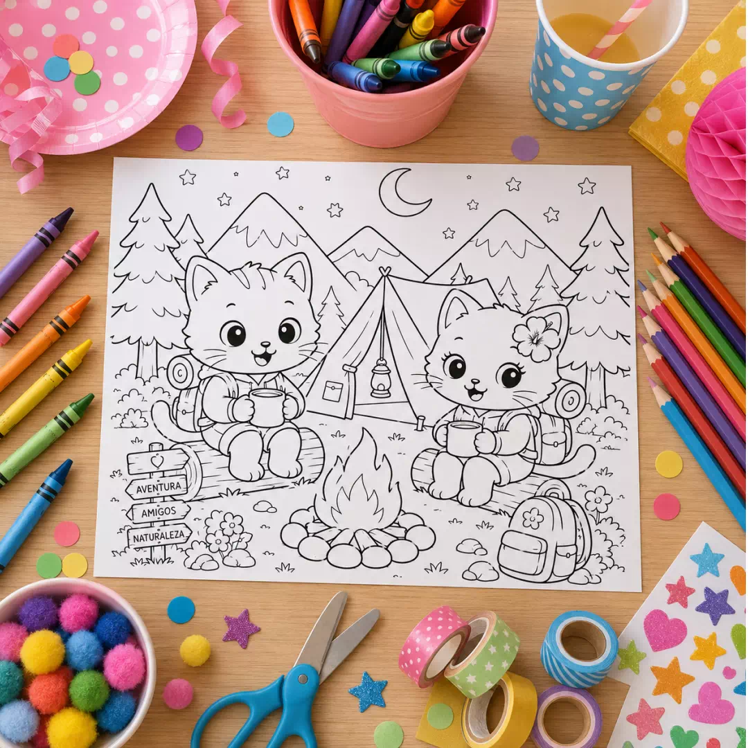 Camping Cats Coloring Sheet – Printable Kids Party Activity UAE