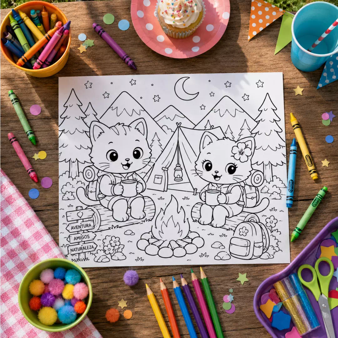 Camping Cats Coloring Sheet – Printable Kids Party Activity UAE - Image 3
