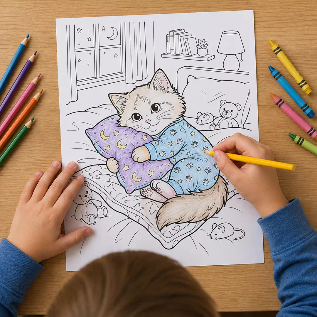 Sleepy Cat in Bed Coloring Sheet – Printable Kids Party Activity UAE - Image 2