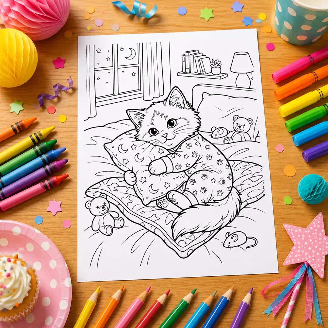 Sleepy Cat in Bed Coloring Sheet – Printable Kids Party Activity UAE - Image 3