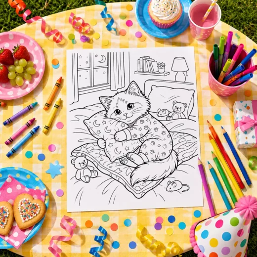 Sleepy Cat in Bed Coloring Sheet – Printable Kids Party Activity UAE