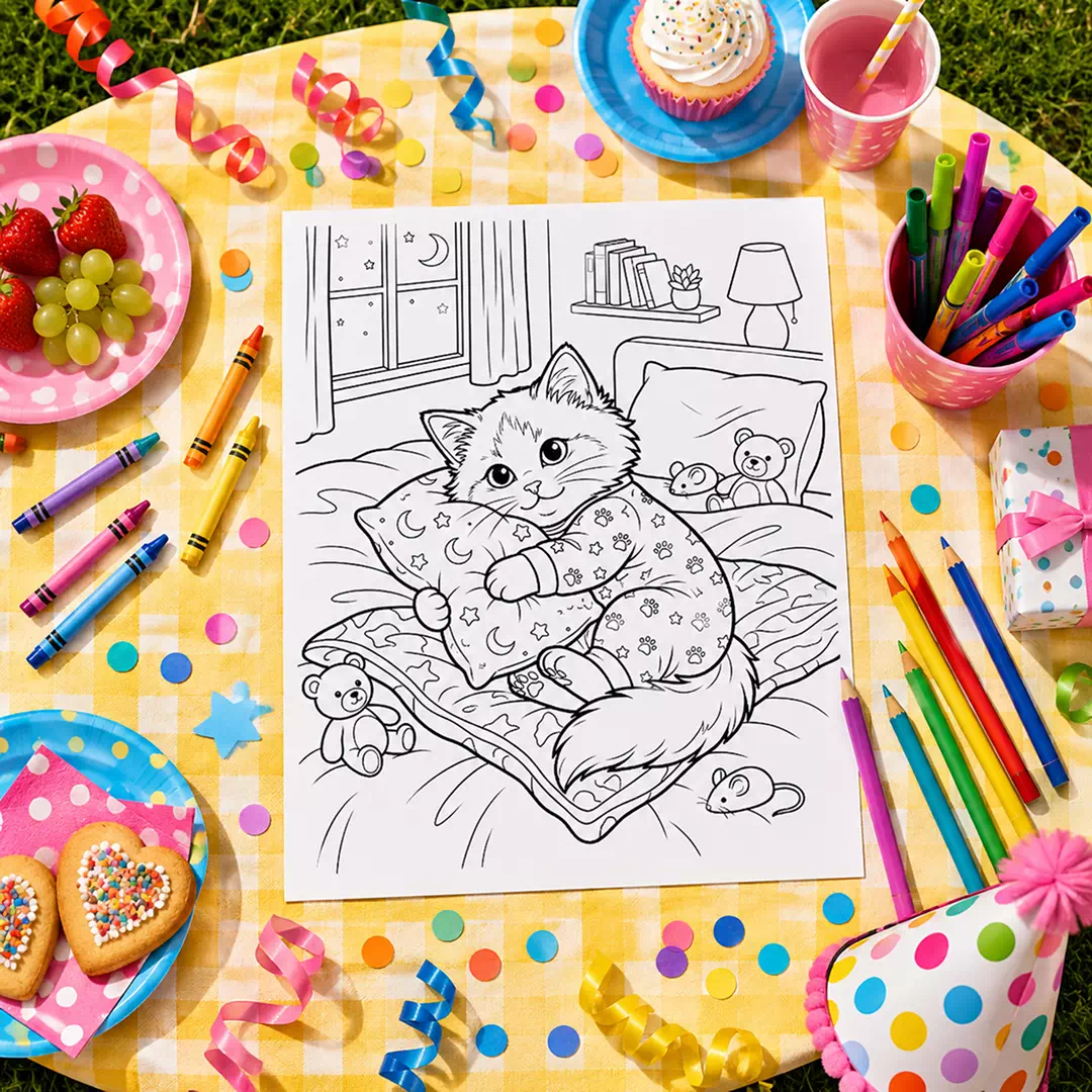 Sleepy Cat in Bed Coloring Sheet – Printable Kids Party Activity UAE