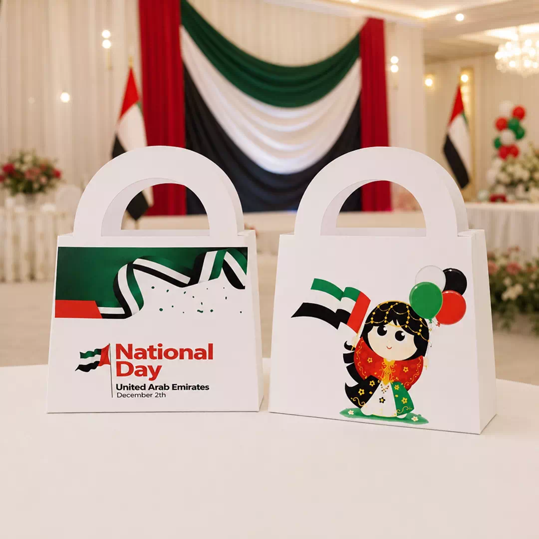 UAE National Day Paper Goodie Bags with Flag and Emirati Girl Illustration - Image 3