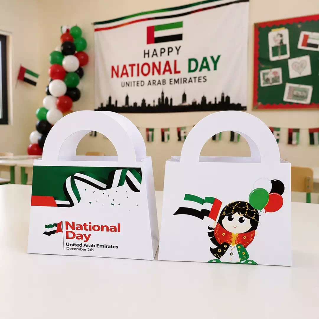 UAE National Day Paper Goodie Bags with Flag and Emirati Girl Illustration
