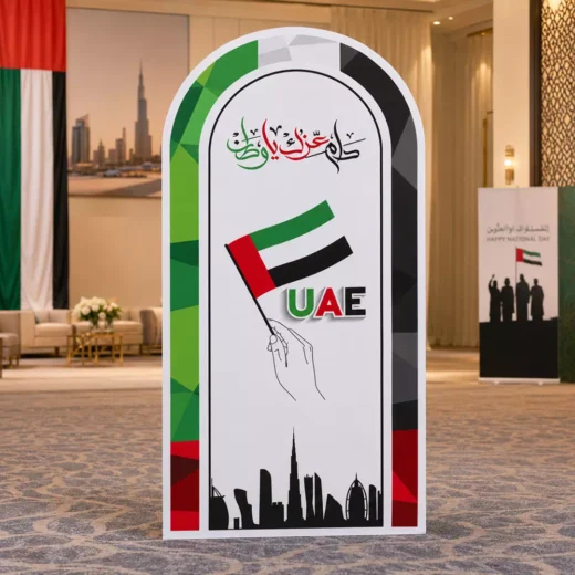UAE Flag, Arabic Calligraphy and Dubai Skyline Arched Welcome Board