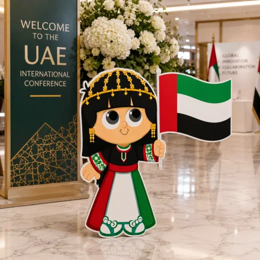 Illustrated Emirati Girl in Traditional Dress Holding UAE Flag Character Cutout